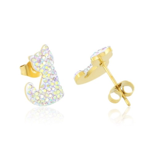 Kolczyki stalowe złote sztyfty kotki z cyrkoniami