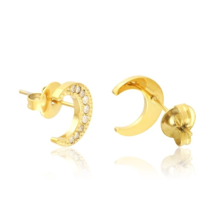 Kolczyki stalowe sztyfty księżyce z cyrkoniami złote