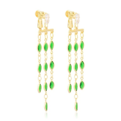 Klipsy wiszące kaskadowe z cyrkonii złoto-zielone