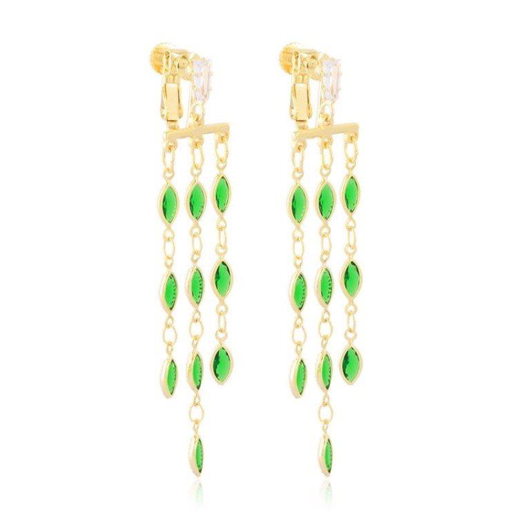 Klipsy wiszące kaskadowe z cyrkonii złoto-zielone