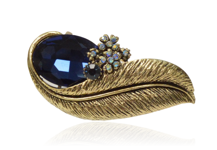 Broszka liść z kryształowym oczkiem granatowa