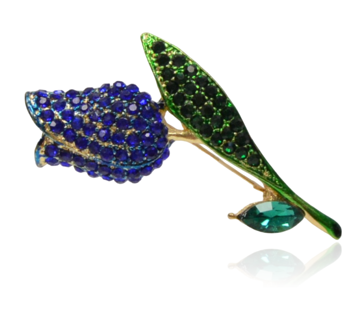 Broszka tulipan z szafirowymi i zielonymi cyrkoniami