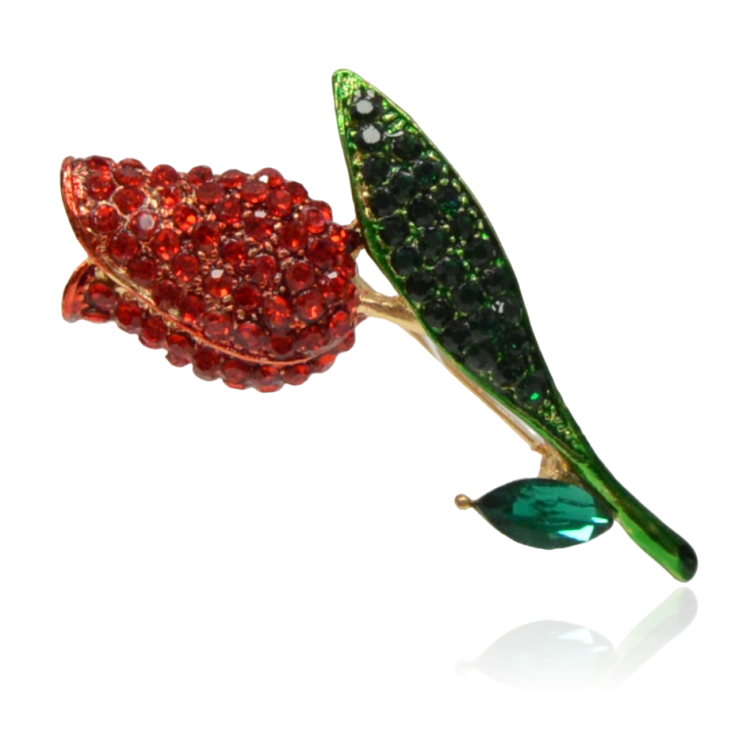 Broszka tulipan z czerwonymi i zielonymi cyrkoniami