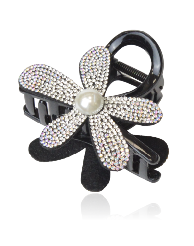 Spinka szczęka z dżetowym kwiatem czarno-srebrna