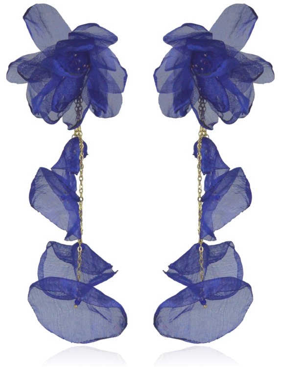 Kolczyki materiałowe kwiaty z łańcuszkami kobalt
