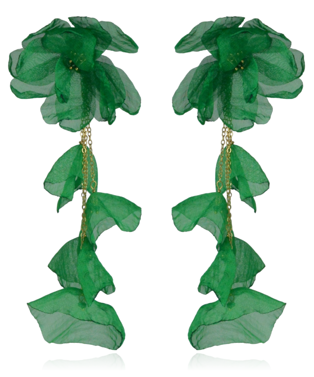 Kolczyki materiałowe kwiaty z łańcuszkami zielone