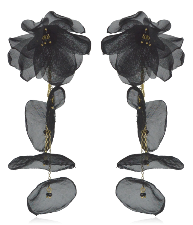 Kolczyki materiałowe kwiaty z łańcuszkami czarne