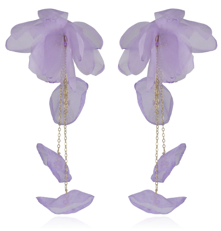 Kolczyki materiałowe kwiaty z łańcuszkami lila