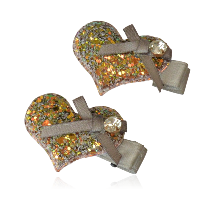 Komplet spinek dziecięcych serduszek brokat szarość