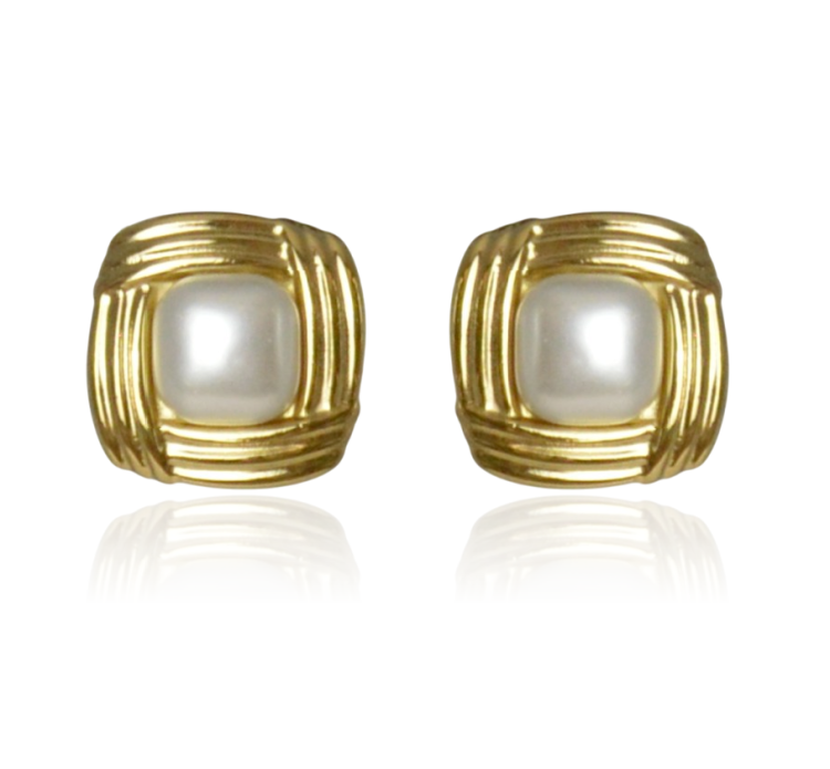 Kolczyki kwadraty z perłą w stylu retro stal złota