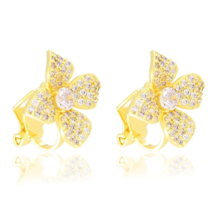 Klipsy stalowe delikatne kwiatki z cyrkonii złote