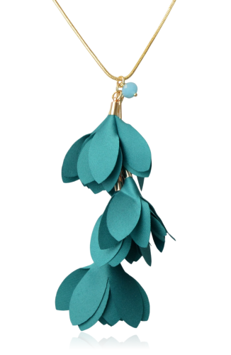 Wisior z materiałowym kwiatem w kolorze morskim