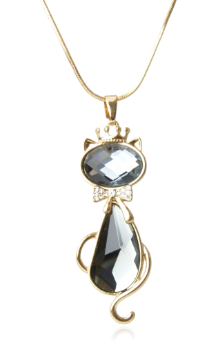 Długi złoty wisior z kryształowym kotem