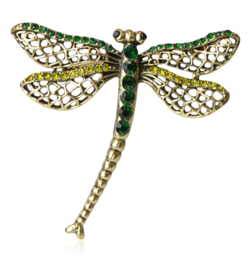 Broszka ważka stare złoto i zielone cyrkonie