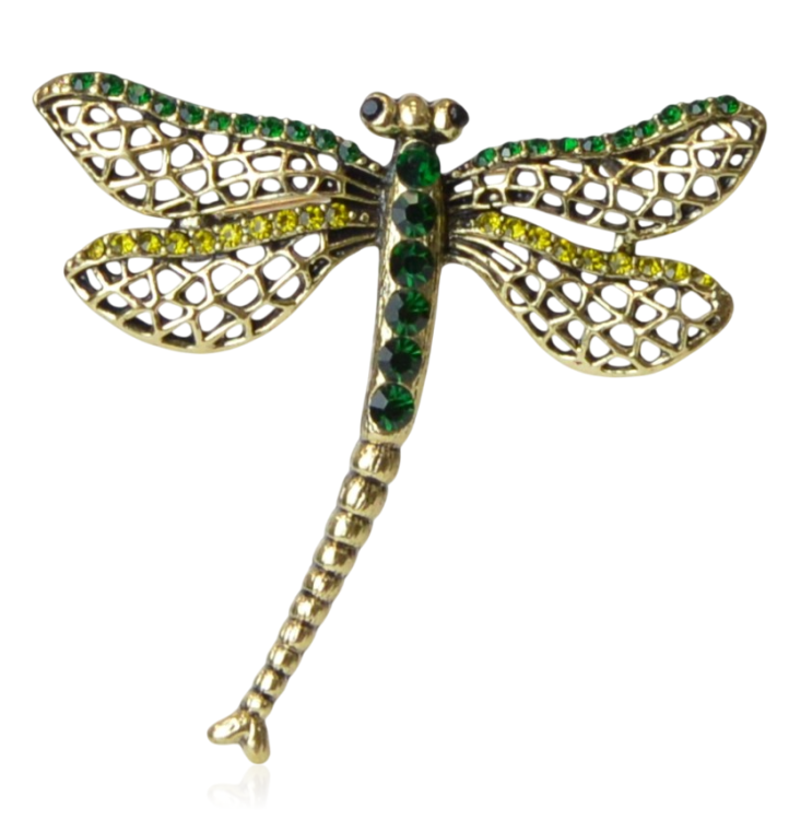 Broszka ważka stare złoto i zielone cyrkonie