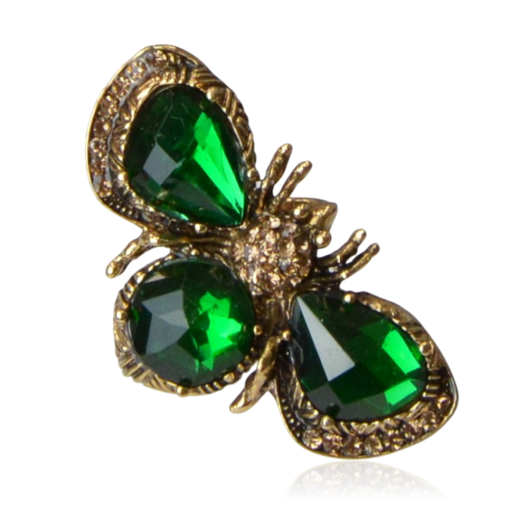 Broszka owad stare złoto i zielone oczka