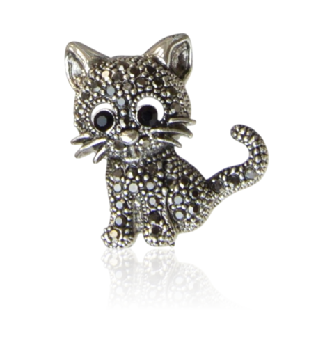 Broszka kotek stare srebro i szare cyrkonie