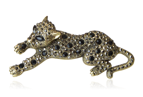 Broszka pantera stare złoto z czarno-szarymi cyrkoniami