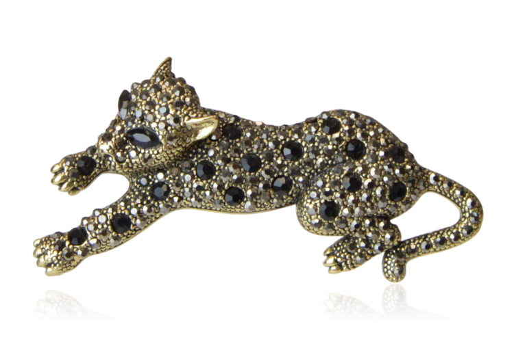 Broszka pantera stare złoto z czarno-szarymi cyrkoniami