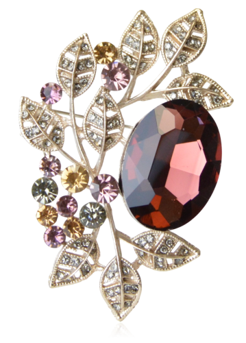 Broszka rosegold liście z burgundowym kryształem