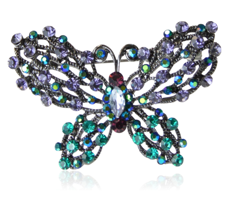 Broszka motyl z fioletowo - niebieskich cyrkonii