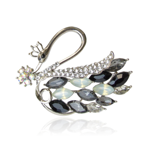 Broszka srebrny łabędź z czarno-szarymi cyrkoniami