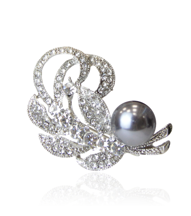 Broszka srebrny liść z szarą perłą