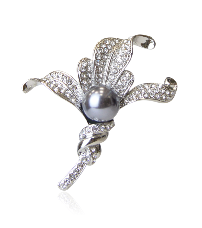 Broszka srebrny liść z cyrkoniami i szarą perłą