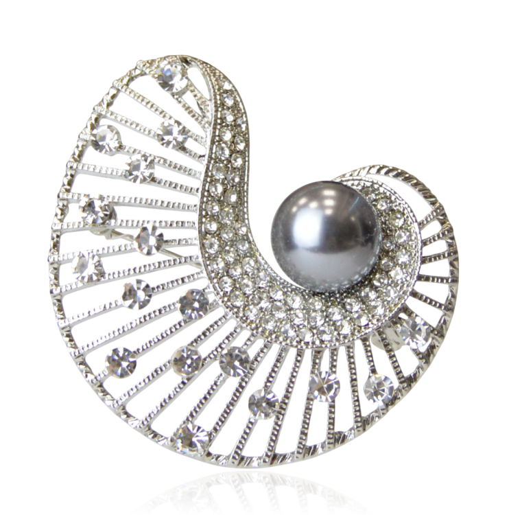 Broszka z cyrkoniami i szarą perełką