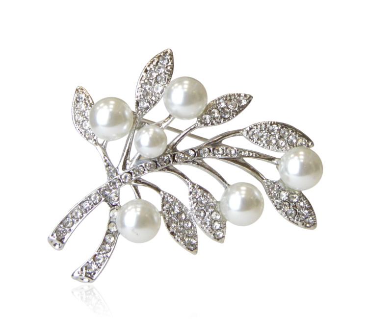 Broszka srebrne listki z cyrkoniami i perełkami