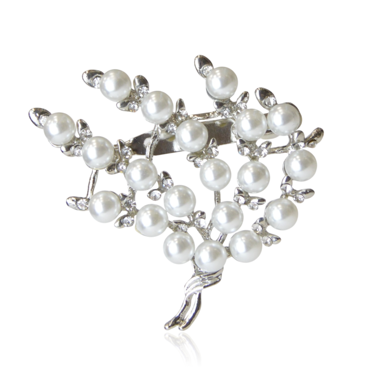 Broszka w kolorze srebra z cyrkoniami i perełkami