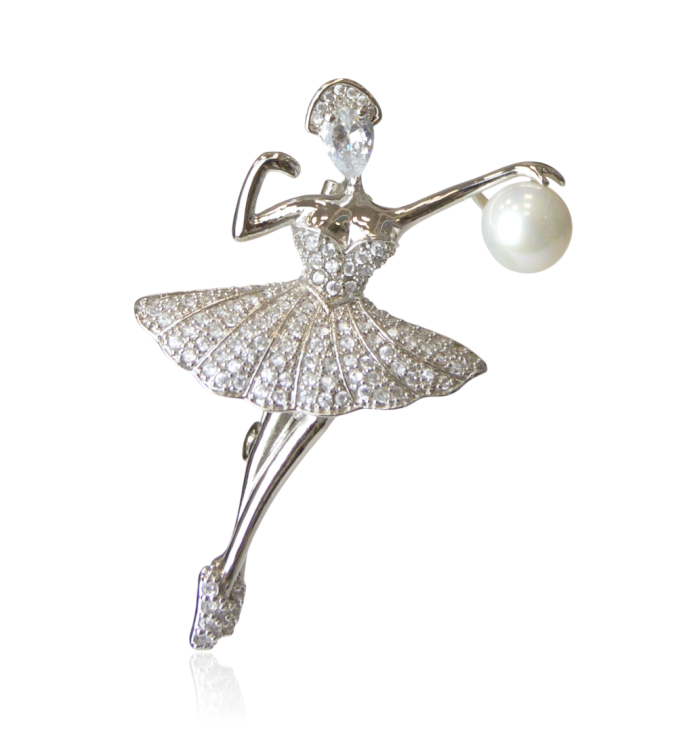 Broszka srebrna baletnica z cyrkoniami i perłą