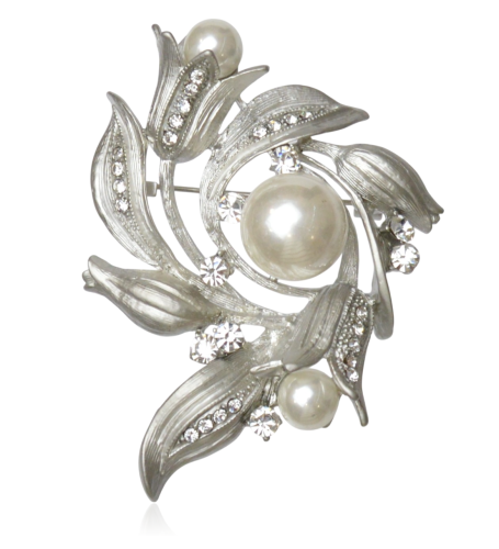 Broszka metaloplastyka srebrna kwiatowa z perłami