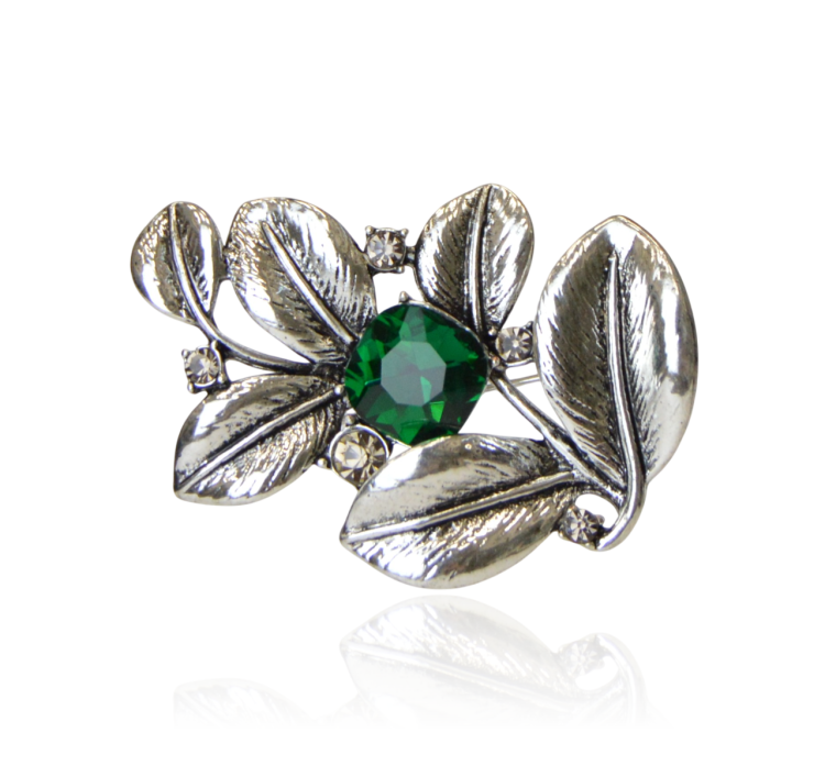 Broszka srebrne listki z zielonym oczkiem