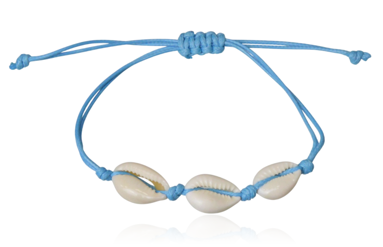 Bransoletka z muszelkami na niebieskim rzemieniu