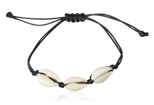 Bransoletka z muszelkami na czarnym rzemieniu