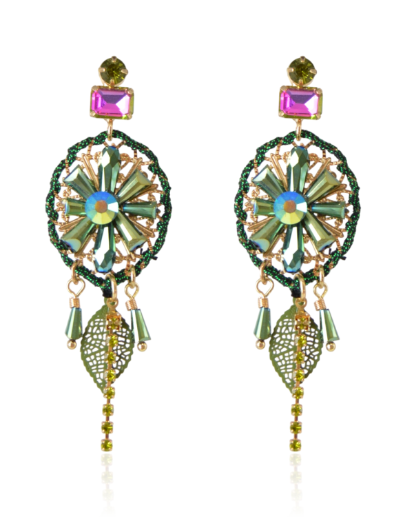 Kolczyki boho kwiatowy motyw zielono-złote