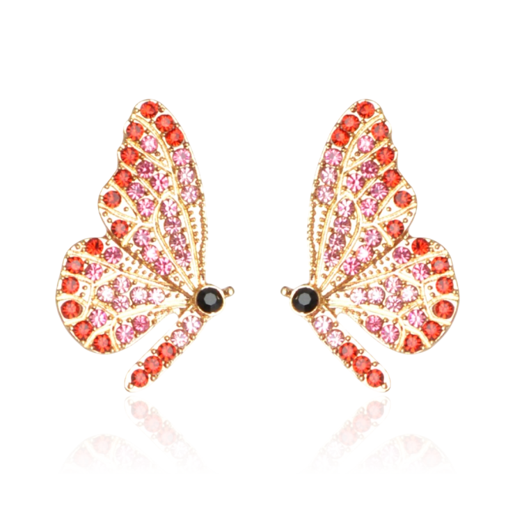 Kolczyki motyle na sztyfcie cyrkonie róż i czerwień