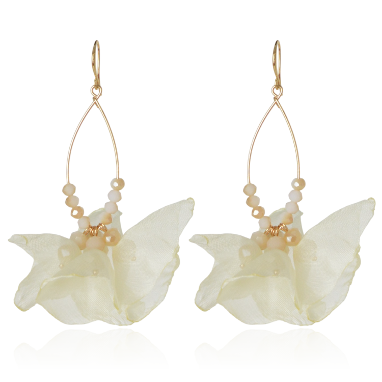 Kolczyki materiałowe na złotej łezce ecru