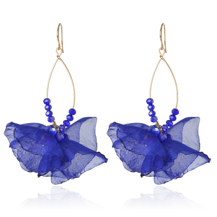 Kolczyki materiałowe na złotej łezce kobaltowe