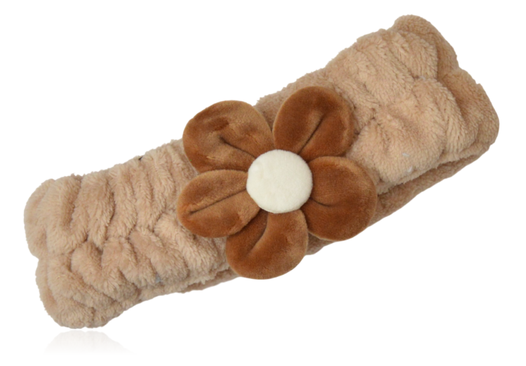 Pluszowa opaska kosmetyczna z kwiatkiem beż-karmel