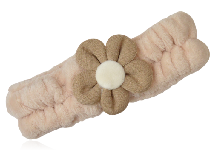 Pluszowa opaska kosmetyczna z kwiatkiem beżowa