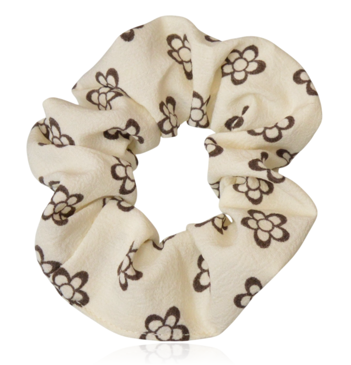 Gumka do włosów scrunchie w kwiatuszki kremowa