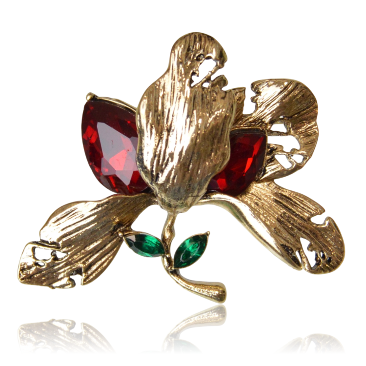 Broszka w formie liści i kwiatów z czerwonymi kryształkami