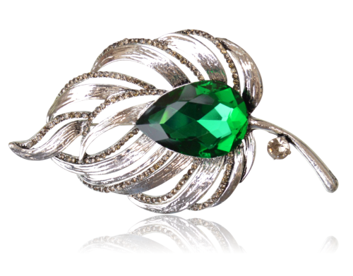 Broszka liść z cyrkoniami i zieloną kryształową łezką