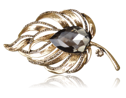 Broszka liść z cyrkoniami i szarą kryształową łezką